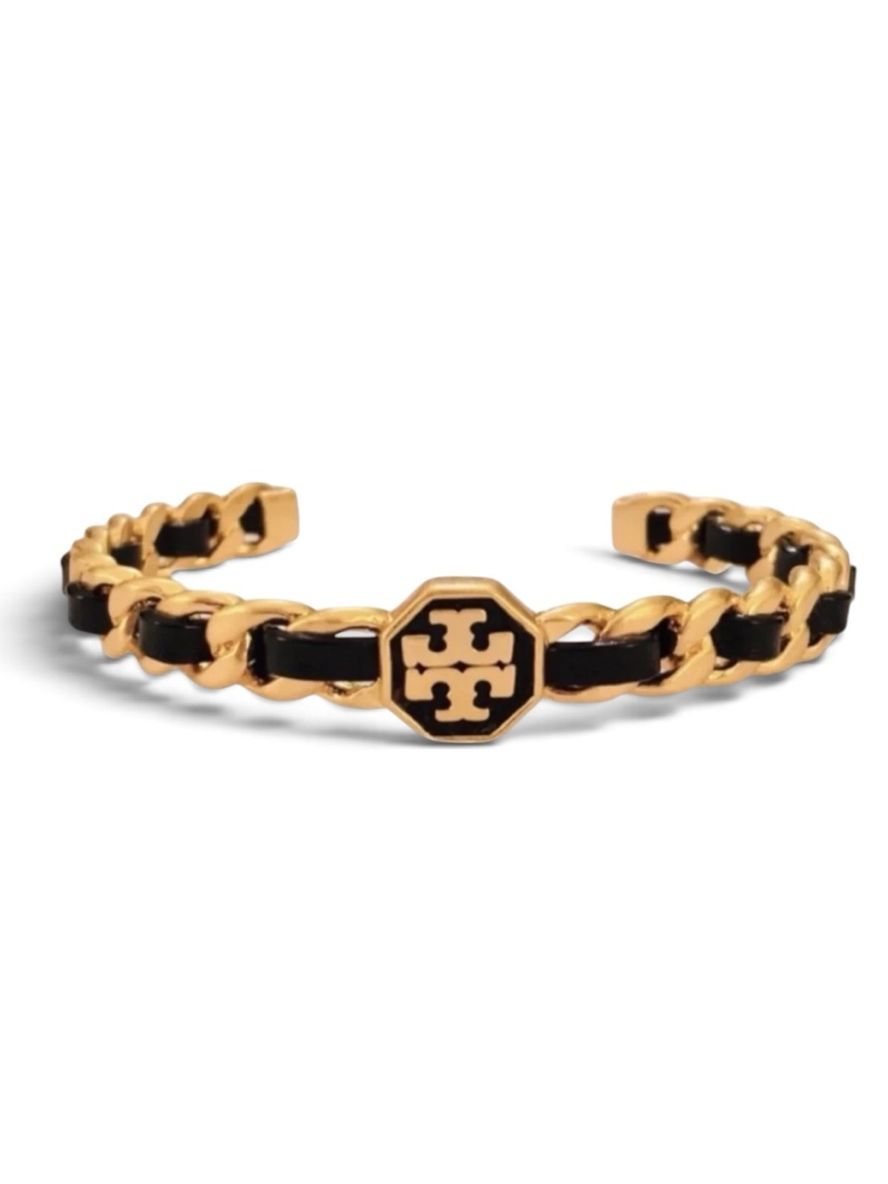 Tory Burch Marion Black And Gold Woven Chain Cuff Bracelet